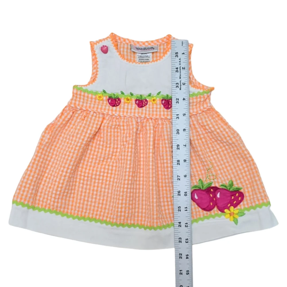 VTG Seersucker Dress 6-9m Orange White Gingham Embroidered Strawberry Youngland - Picture 6 of 8